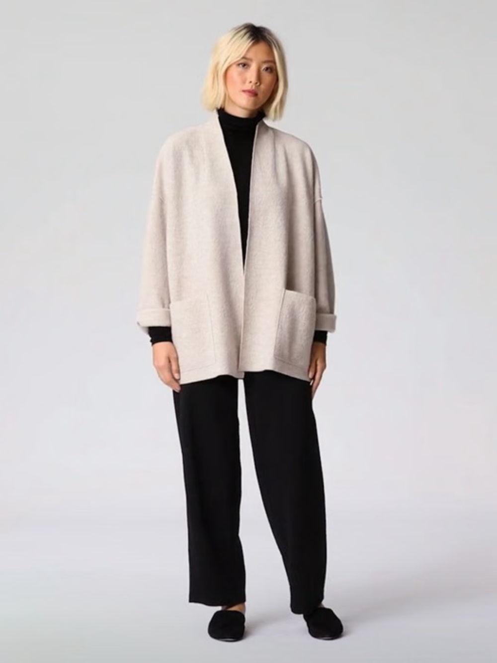 Eileen Fisher Cream Open-Front Pocket Cardigan